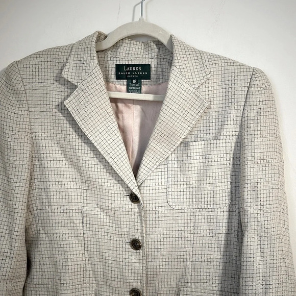 Ralph Lauren petite cream blue check linen blazer spring button jacket - Picture 2 of 7